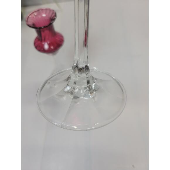 Vintage Candle Stick Holders, Pilgrim Glass, Cranberry Bowl, Clear Stem, Optic - Picture 4 of 4